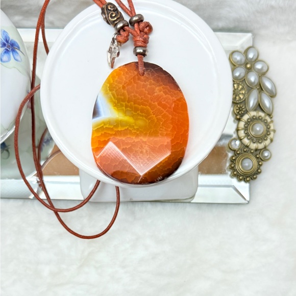 Jewelry - African Leather Brown Agate Stone Pendant Necklace